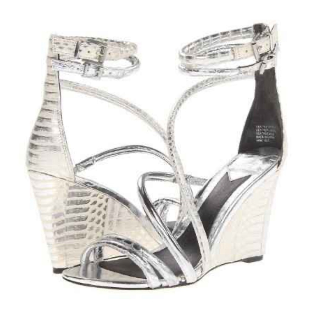 Brian Atwood Metallic Silver Sedini Snake Embossed Print Strappy Wedge Sandals 9